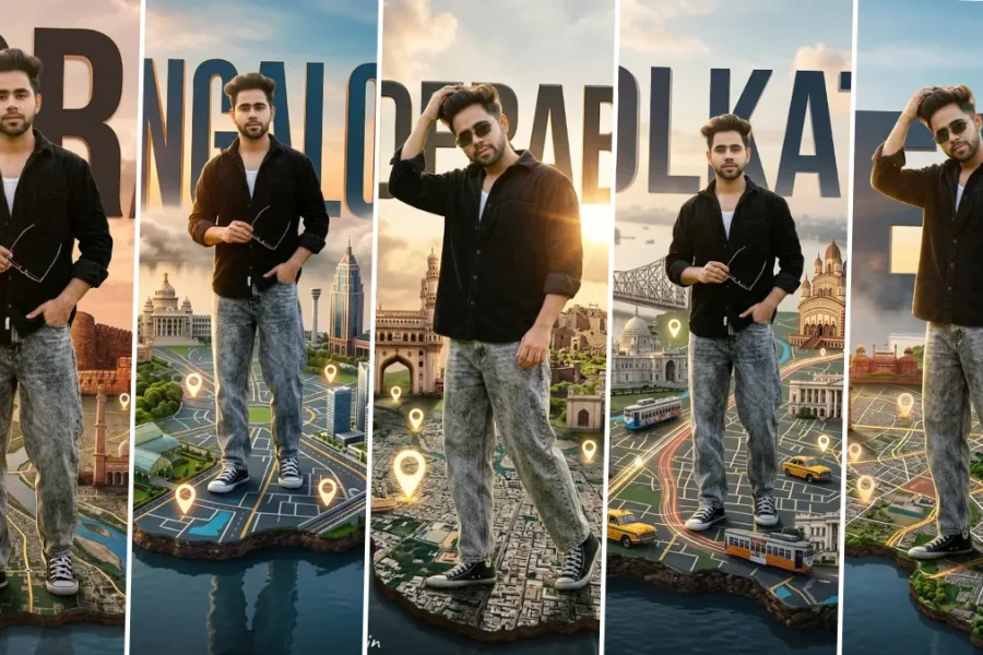 Stylish boy standing on cinematic 3D Kolkata city map with AI-generated travel poster photography