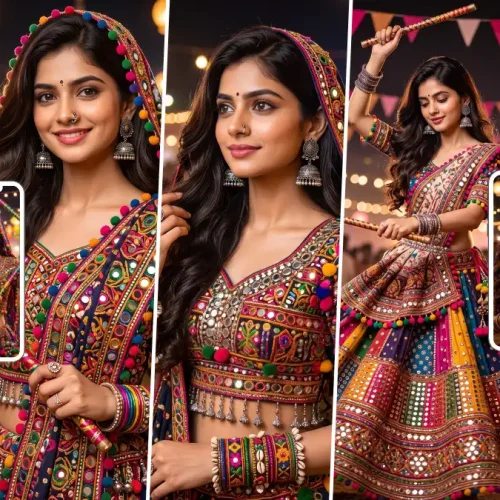 Indian woman in colorful traditional Garba outfit holding decorated Dandiya sticks at a festive Navratri celebration