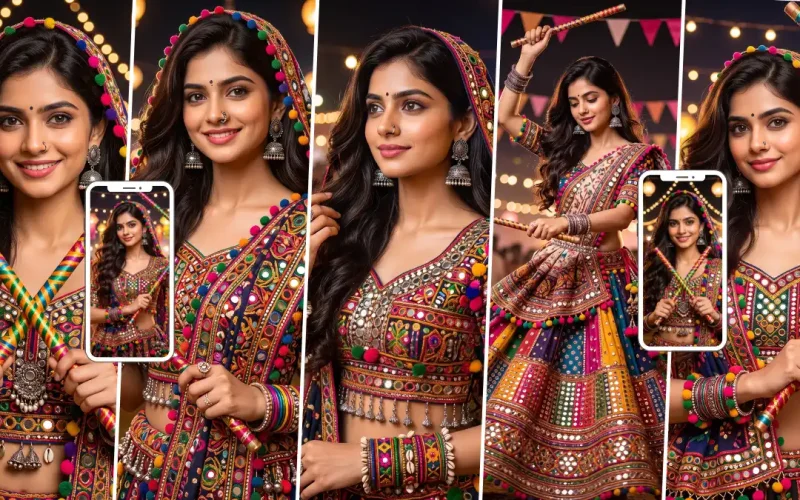 Indian woman in colorful traditional Garba outfit holding decorated Dandiya sticks at a festive Navratri celebration