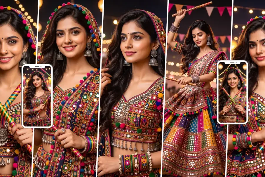 Indian woman in colorful traditional Garba outfit holding decorated Dandiya sticks at a festive Navratri celebration