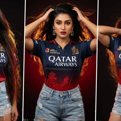 Stylish female cricket fan wearing RCB jersey generated using AI sports fashion photography prompt
