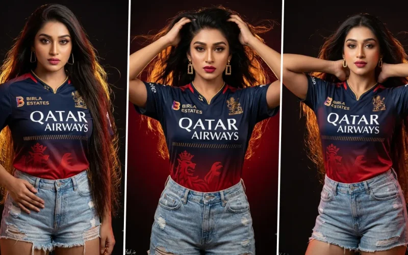 Stylish female cricket fan wearing RCB jersey generated using AI sports fashion photography prompt