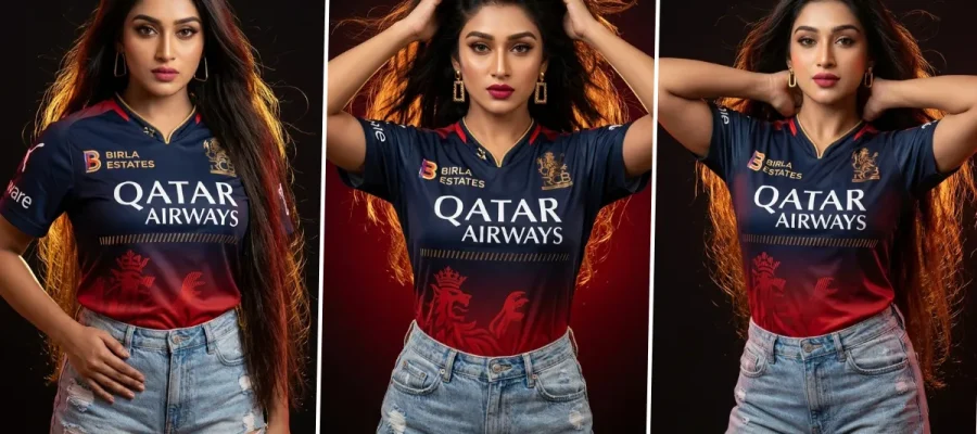 Stylish female cricket fan wearing RCB jersey generated using AI sports fashion photography prompt