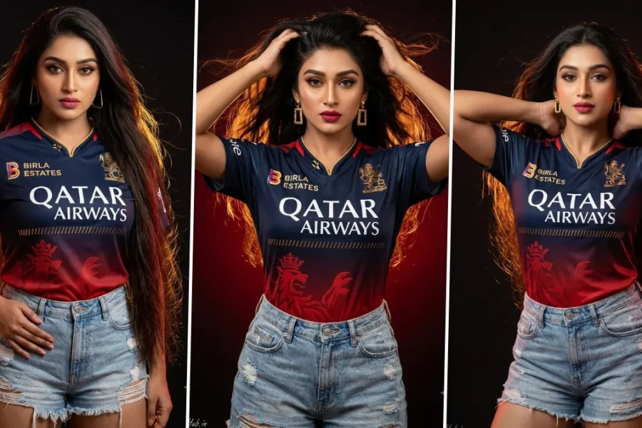 Stylish female cricket fan wearing RCB jersey generated using AI sports fashion photography prompt