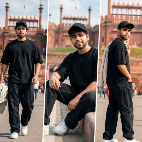 “Stylish boy posing at Red Fort Delhi with cinematic AI-generated travel photography look”