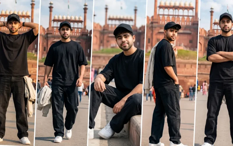 “Stylish boy posing at Red Fort Delhi with cinematic AI-generated travel photography look”