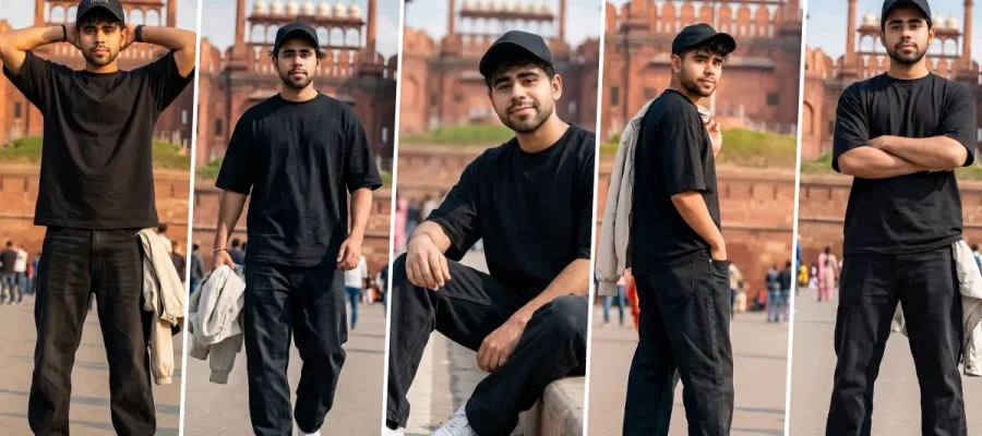“Stylish boy posing at Red Fort Delhi with cinematic AI-generated travel photography look”