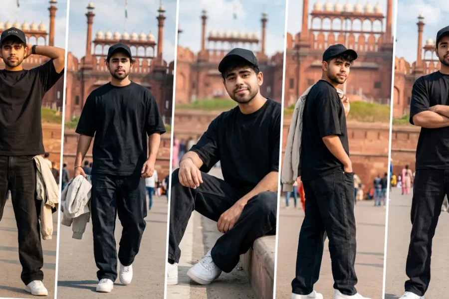 “Stylish boy posing at Red Fort Delhi with cinematic AI-generated travel photography look”