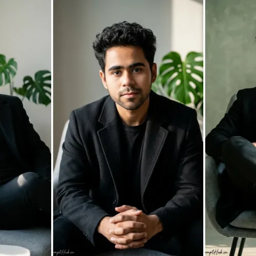 A triptych collage featuring three professional and stylish photographs of the same young man. He is wearing a dark navy (or black) trench coat and an all-black outfit, seated in a grey armchair in a modern studio. Two panels show soft white walls and the central panel features a large green Monstera plant in the background, lit by natural window light. Poses include seated thoughtfully, hands clasped, and leaning. This is a reference image generated by a highly optimized AI photo editing prompt from allaiprompthub.in.