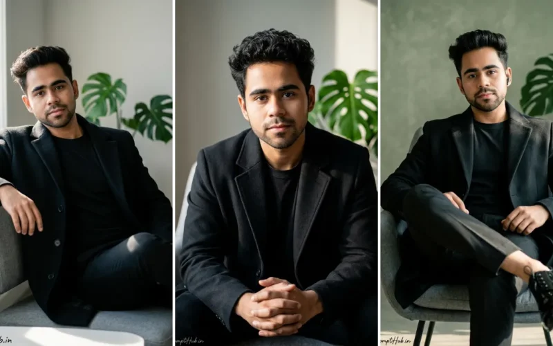 A triptych collage featuring three professional and stylish photographs of the same young man. He is wearing a dark navy (or black) trench coat and an all-black outfit, seated in a grey armchair in a modern studio. Two panels show soft white walls and the central panel features a large green Monstera plant in the background, lit by natural window light. Poses include seated thoughtfully, hands clasped, and leaning. This is a reference image generated by a highly optimized AI photo editing prompt from allaiprompthub.in.