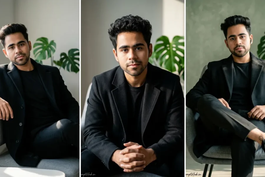 A triptych collage featuring three professional and stylish photographs of the same young man. He is wearing a dark navy (or black) trench coat and an all-black outfit, seated in a grey armchair in a modern studio. Two panels show soft white walls and the central panel features a large green Monstera plant in the background, lit by natural window light. Poses include seated thoughtfully, hands clasped, and leaning. This is a reference image generated by a highly optimized AI photo editing prompt from allaiprompthub.in.