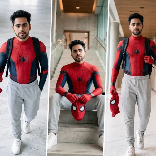 Ultra realistic Spider-Man AI photo editing prompt featuring a young man wearing a superhero suit with cinematic lighting, perfect for ChatGPT, Flux AI, Midjourney, and AI image generators