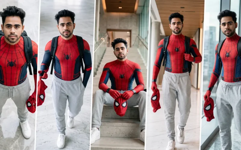 Ultra realistic Spider-Man AI photo editing prompt featuring a young man wearing a superhero suit with cinematic lighting, perfect for ChatGPT, Flux AI, Midjourney, and AI image generators