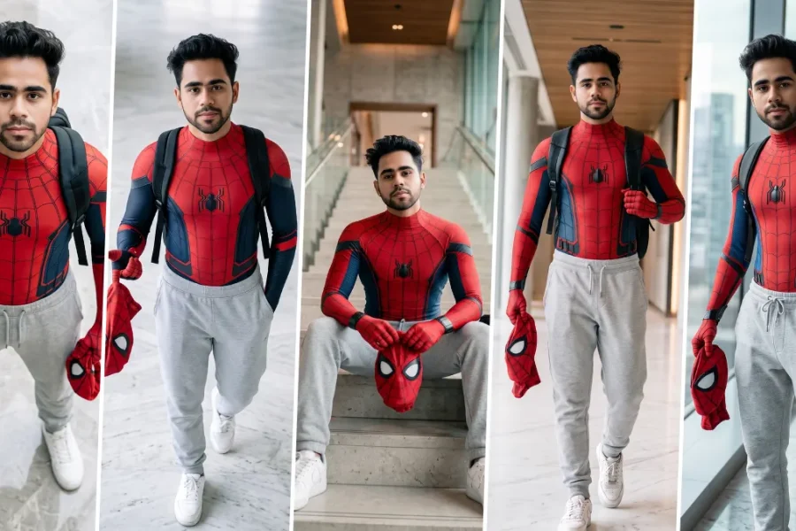 Ultra realistic Spider-Man AI photo editing prompt featuring a young man wearing a superhero suit with cinematic lighting, perfect for ChatGPT, Flux AI, Midjourney, and AI image generators
