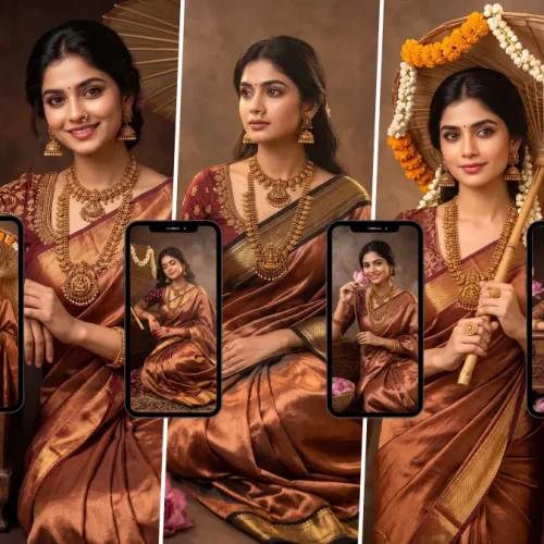 Traditional Indian woman in a silk saree and gold jewelry created with an AI image prompt