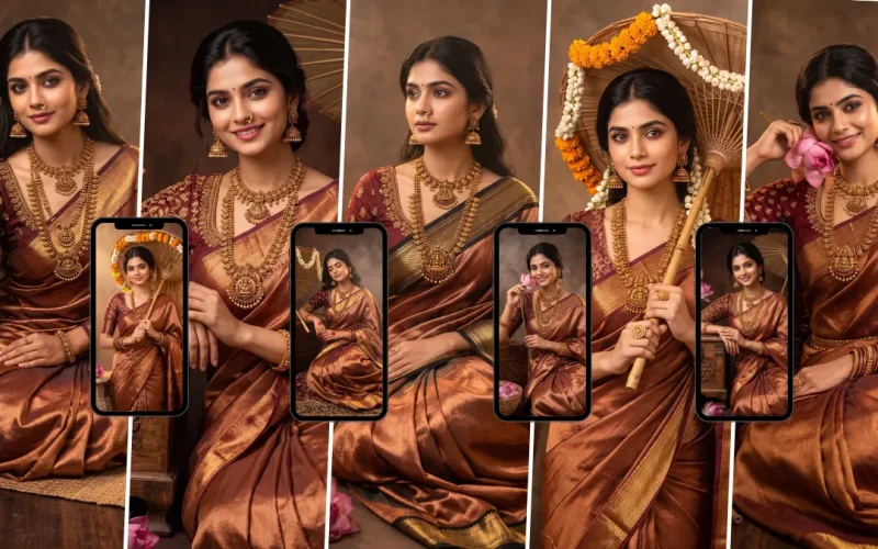Traditional Indian woman in a silk saree and gold jewelry created with an AI image prompt