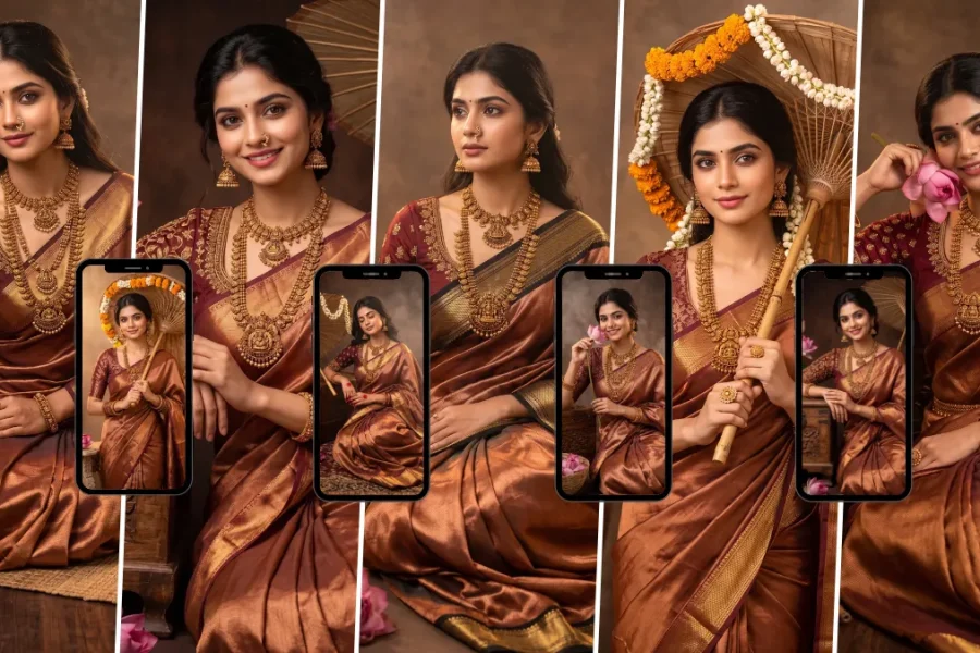 Traditional Indian woman in a silk saree and gold jewelry created with an AI image prompt