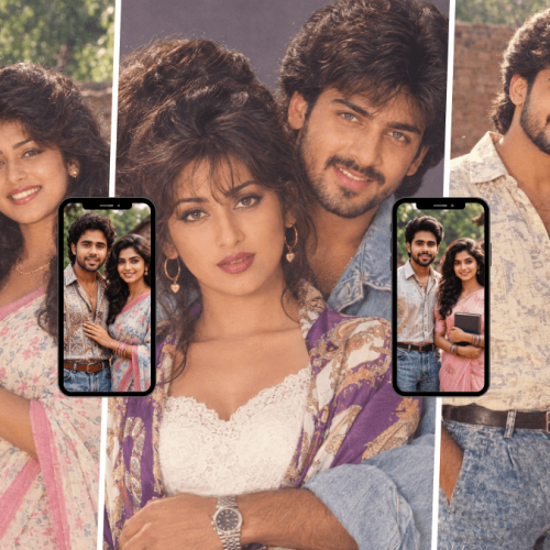 Young Indian couple in nostalgic 80s and 90s fashion posing for a vintage Bollywood-style portrait