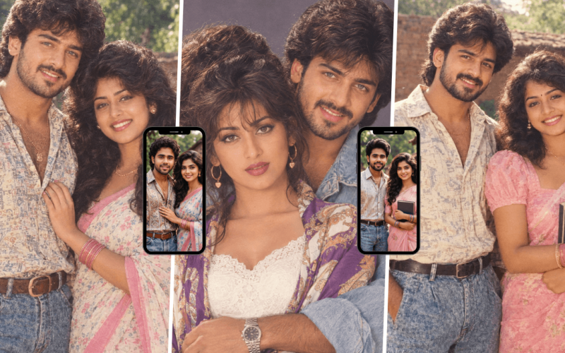 Young Indian couple in nostalgic 80s and 90s fashion posing for a vintage Bollywood-style portrait