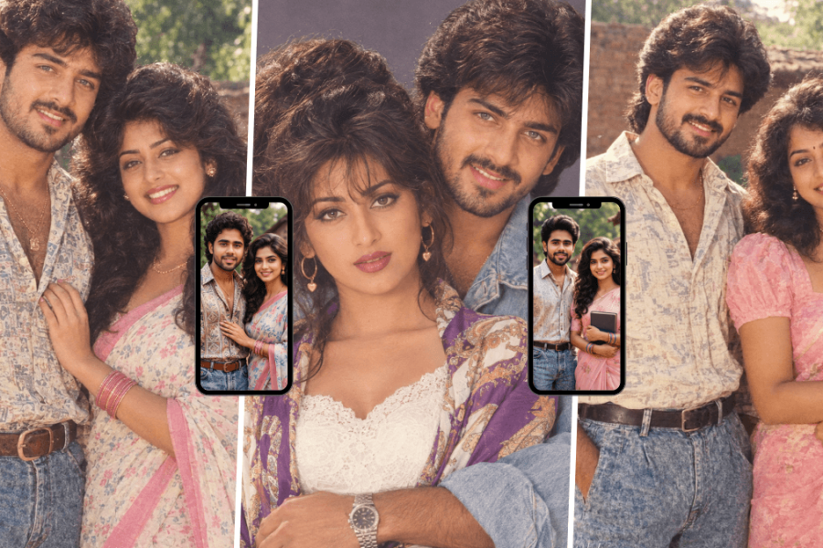 Young Indian couple in nostalgic 80s and 90s fashion posing for a vintage Bollywood-style portrait