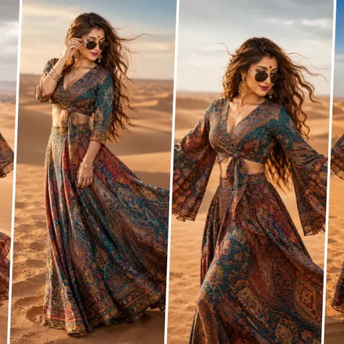 Ultra realistic bohemian fashion girl posing in flowing ethnic dress during cinematic desert photoshoot with aesthetic style