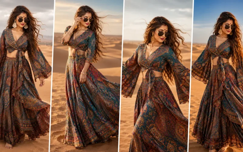 Ultra realistic bohemian fashion girl posing in flowing ethnic dress during cinematic desert photoshoot with aesthetic style