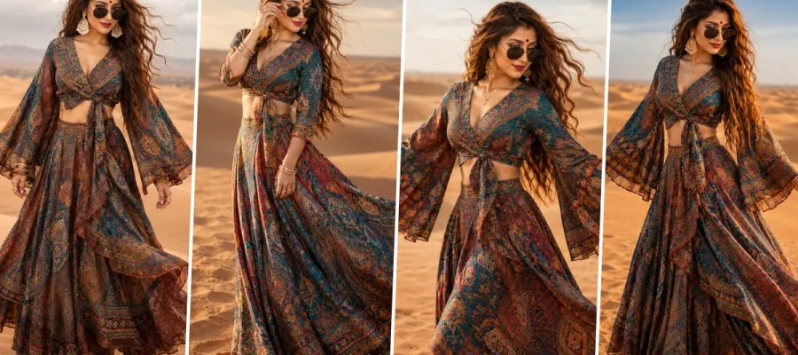 Ultra realistic bohemian fashion girl posing in flowing ethnic dress during cinematic desert photoshoot with aesthetic style