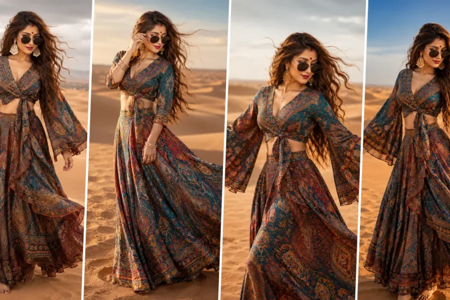 Ultra realistic bohemian fashion girl posing in flowing ethnic dress during cinematic desert photoshoot with aesthetic style