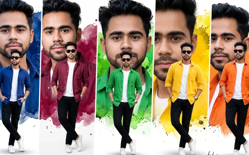 Ultra realistic double exposure AI portrait prompt for men with colorful watercolor splash background created using ChatGPT, Gemini AI and Flux image generator.