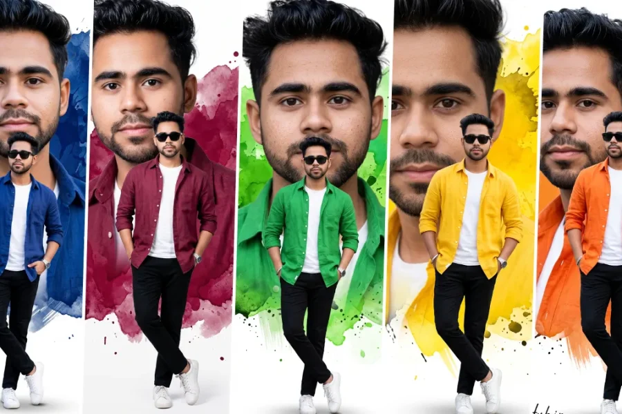 Ultra realistic double exposure AI portrait prompt for men with colorful watercolor splash background created using ChatGPT, Gemini AI and Flux image generator.