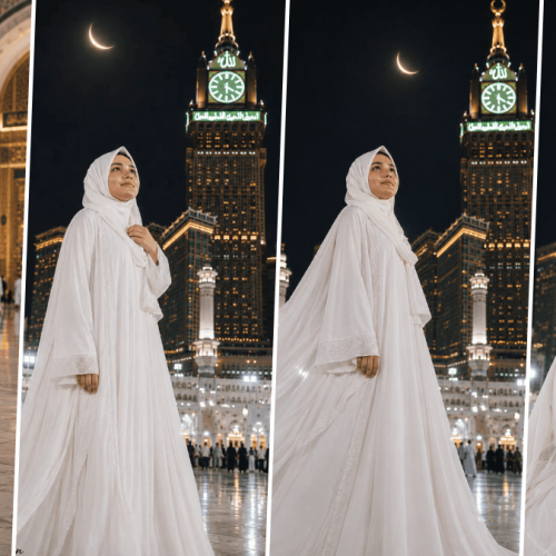 Ultra realistic Muslim woman wearing white hijab and abaya in front of Mecca Clock Tower with cinematic Islamic photography style