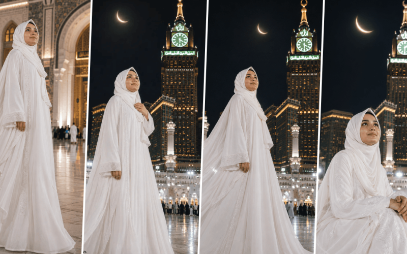 Ultra realistic Muslim woman wearing white hijab and abaya in front of Mecca Clock Tower with cinematic Islamic photography style