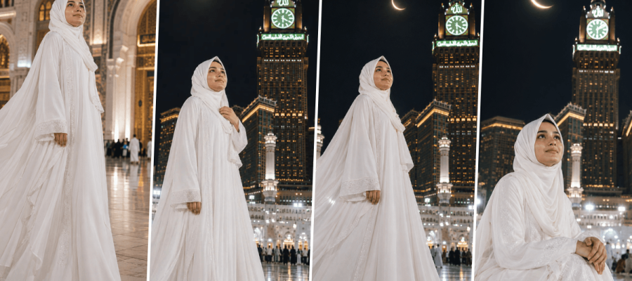 Ultra realistic Muslim woman wearing white hijab and abaya in front of Mecca Clock Tower with cinematic Islamic photography style