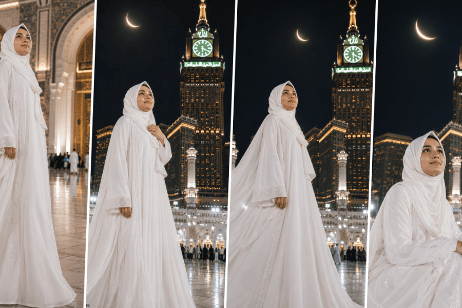 Ultra realistic Muslim woman wearing white hijab and abaya in front of Mecca Clock Tower with cinematic Islamic photography style