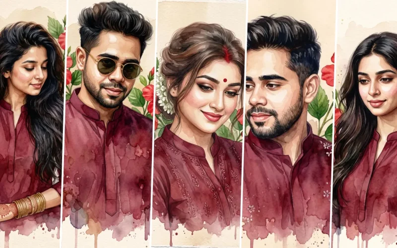 Ultra realistic watercolor AI portrait prompts featuring artistic male and female illustrations created using ChatGPT Image, FLUX AI, Gemini AI and Midjourney.