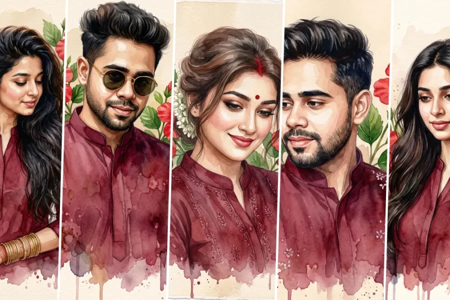 Ultra realistic watercolor AI portrait prompts featuring artistic male and female illustrations created using ChatGPT Image, FLUX AI, Gemini AI and Midjourney.
