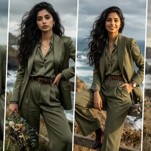 Ultra realistic professional business woman wearing elegant olive green corporate suit in cinematic outdoor fashion portrait style