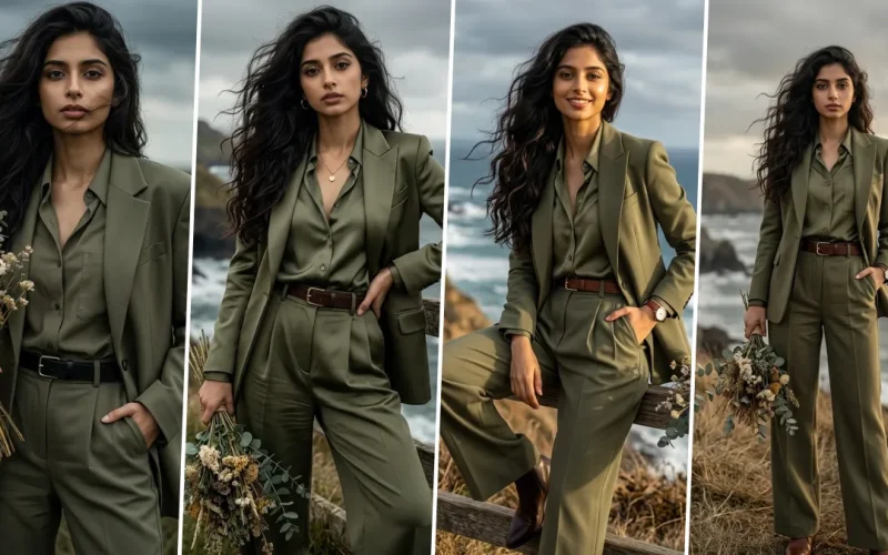 Ultra realistic professional business woman wearing elegant olive green corporate suit in cinematic outdoor fashion portrait style