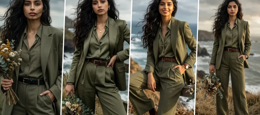 Ultra realistic professional business woman wearing elegant olive green corporate suit in cinematic outdoor fashion portrait style