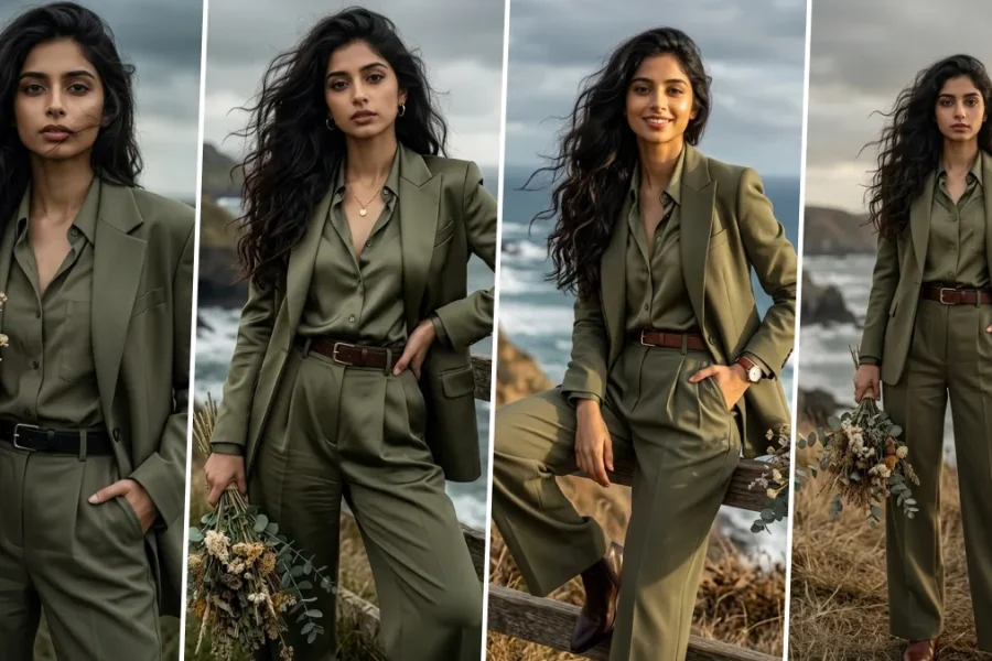 Ultra realistic professional business woman wearing elegant olive green corporate suit in cinematic outdoor fashion portrait style