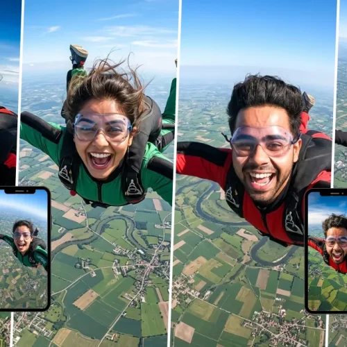Man and woman skydiving in freefall above a landscape with realistic aerial photography