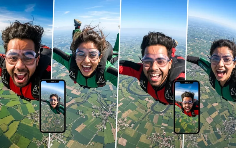 Man and woman skydiving in freefall above a landscape with realistic aerial photography