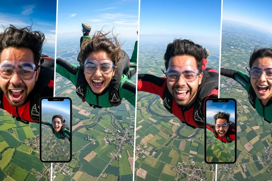 Man and woman skydiving in freefall above a landscape with realistic aerial photography