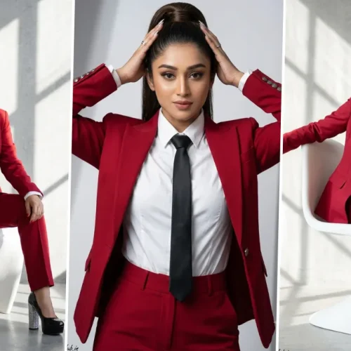 Stylish business woman wearing red suit in cinematic corporate AI photoshoot style