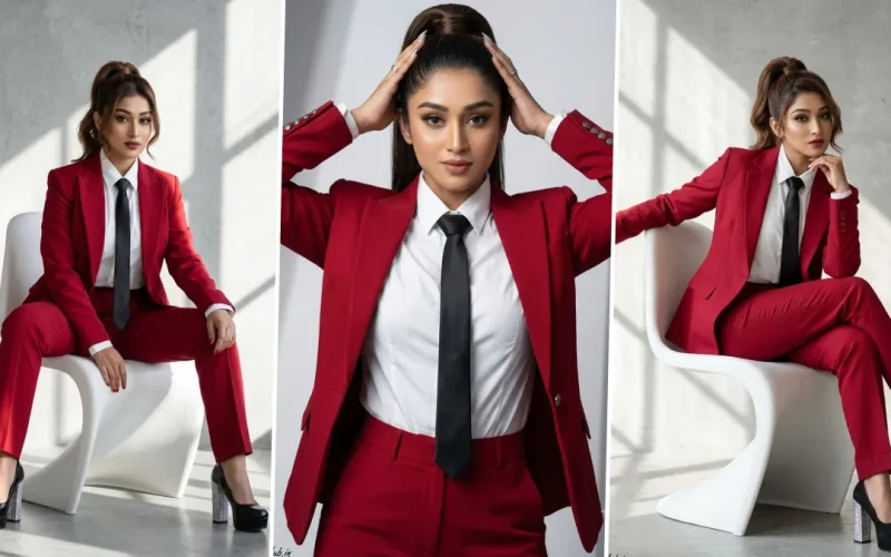 Stylish business woman wearing red suit in cinematic corporate AI photoshoot style