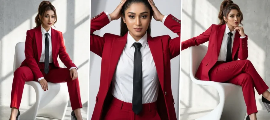 Stylish business woman wearing red suit in cinematic corporate AI photoshoot style