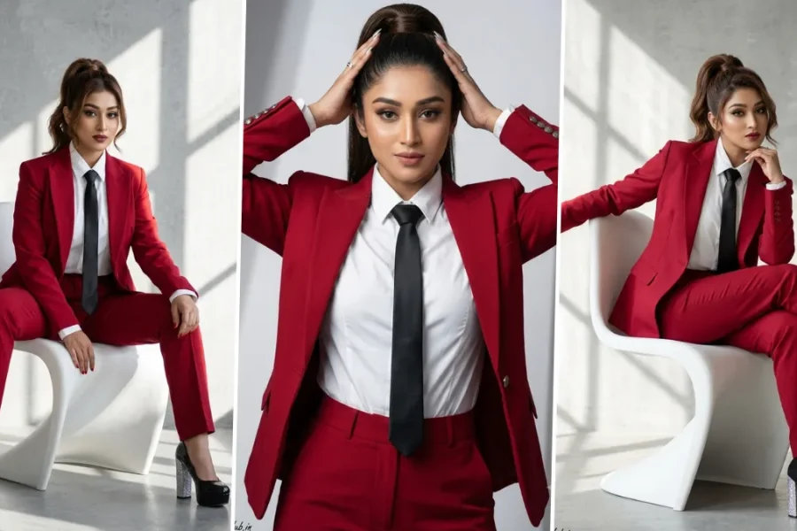 Stylish business woman wearing red suit in cinematic corporate AI photoshoot style