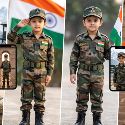 Realistic Indian Army kid in military uniform created with an AI photo prompt for patriotic portrait photography