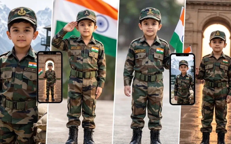Realistic Indian Army kid in military uniform created with an AI photo prompt for patriotic portrait photography