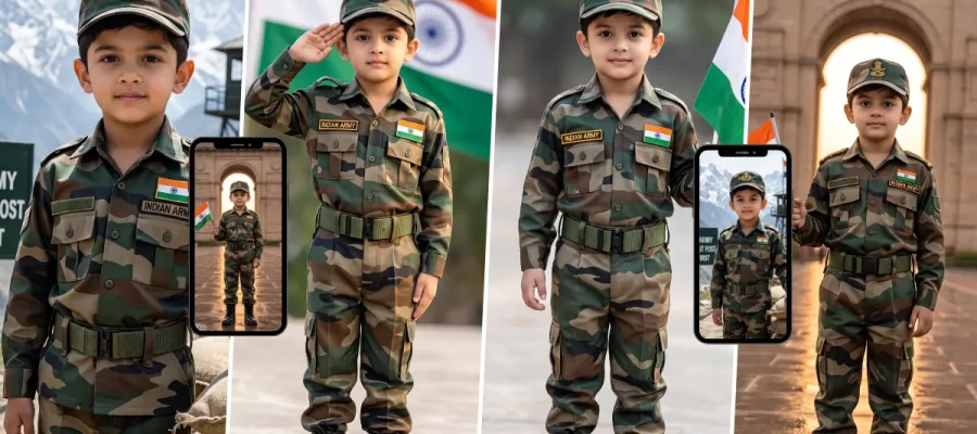 Realistic Indian Army kid in military uniform created with an AI photo prompt for patriotic portrait photography